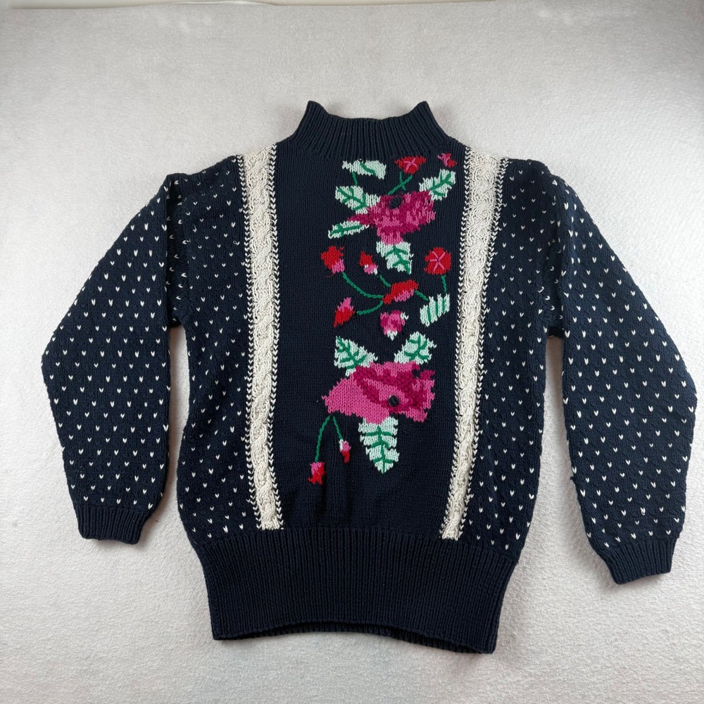 Join Hin Vintage Hand Made Cotton Floral Sweater Navy Blue Mock Neck Pullover